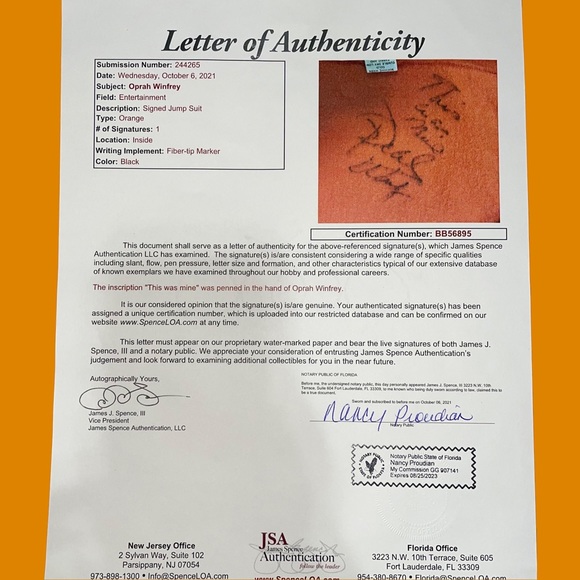 Oprah Winfrey’s Personal Orange Sweatshirt Material Autographed Jumpsuit - Picture 8 of 8